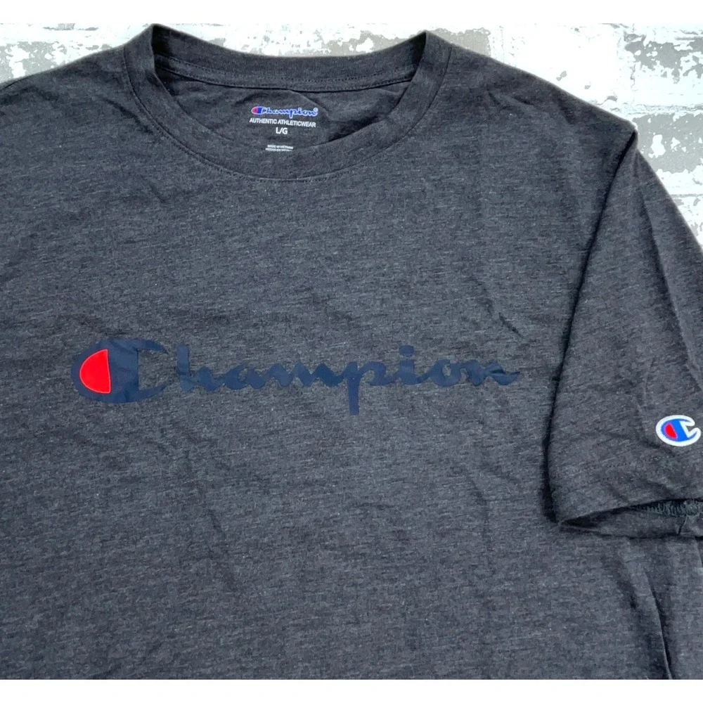 Champion Shirt Men Large Gray Blue Tee Spell Out Logo Basic Plain Adult Top - Picture 3 of 7
